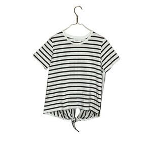 hallelu Striped Ivory Pinkish Brown blouse Sz Medium short sleeve